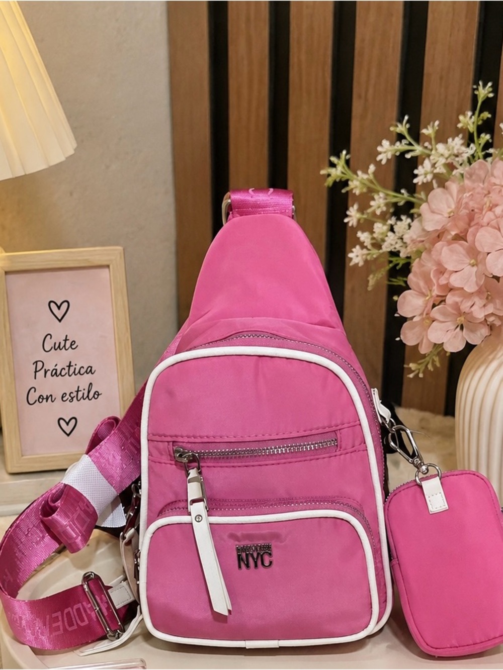 Hot Pink Sling Crossbody Bag with Detachable Pouch